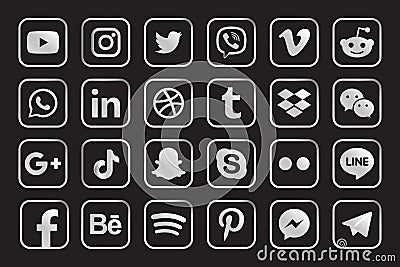 Silver Facebook, Instagram, Twitter, Youtube, WhatsApp, Dribble, Tiktok, Linkedin, Google plus, and many more silver collection of Vector Illustration