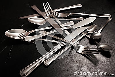 Silver flatware set afterparty cleaning Stock Photo