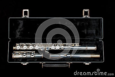 Silver flute in case isolated Stock Photo