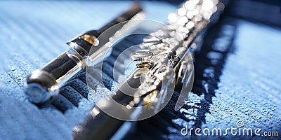 Silver flute sparkling in the sun on blue background. Musical Inspiration and Musical Harmony concept Stock Photo