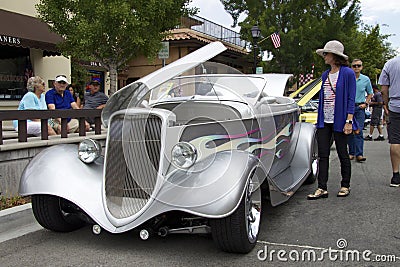 Silver 1933 Ford Roadster Street Rod at the auto show Editorial Stock Photo