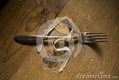 Silver fork tied in ribbon Stock Photo