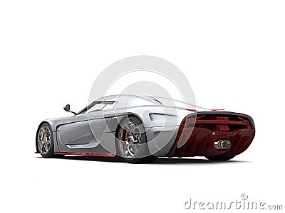 Silver futuristic race car with red metallic painted details - back view Stock Photo