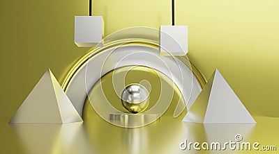 Silver geometric shapes in floor studio room gold. 3d render Stock Photo