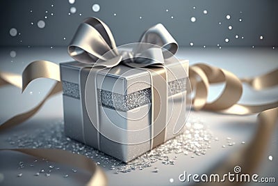 Silver gift and ribbons on a silver background. AI generative Stock Photo