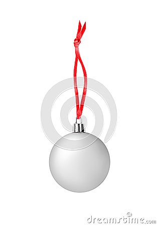 Silver glass ball hanging on red ribbon on white background isolated close up, Ð¡hristmas tree decoration, shiny round bauble Stock Photo