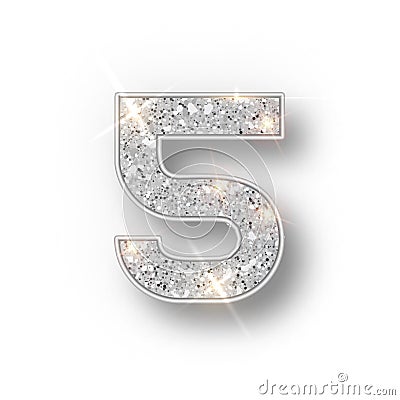 Silver glitter alphabet numbers 5 with shadow. Vector realistick shining silver font number five of sparkles on white Vector Illustration