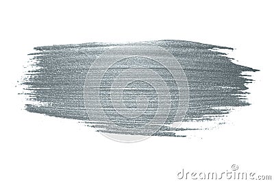 Silver glitter paint brush stroke or abstract dab smear with smudge texture on white background. Isolated glittering and sparkling Stock Photo