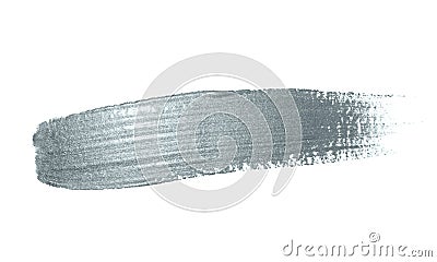 Silver glitter paint brush stroke or abstract dab smear with smudge texture on white background. Isolated glittering sparkling sil Stock Photo