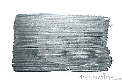 Silver glitter paint brush stroke or abstract dab smear with smudge texture on white background for luxury greeting card design te Stock Photo