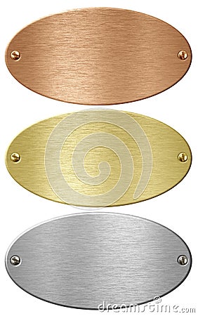 Silver, gold and bronze metal ellipse plates isolated Stock Photo