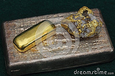 Silver & Gold Bullion Bars (Ingots) and Gold / Quartz Specimen Stock Photo
