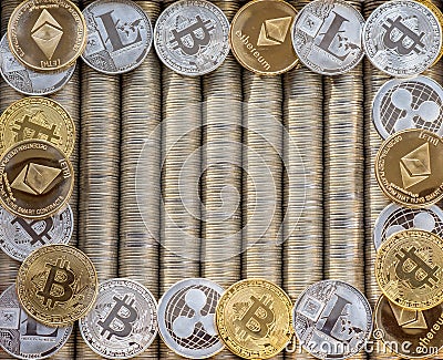 Silver Gold Crypto coins Ethereum ETH, Ripple XRP, Litecoin LTC, bitcoin BTC. Free space for text. Metal coins are laid out in bac Editorial Stock Photo