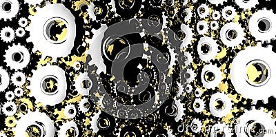 Silver and gold mechanical 3D manufacturing, metal gears cog cogs black background Stock Photo