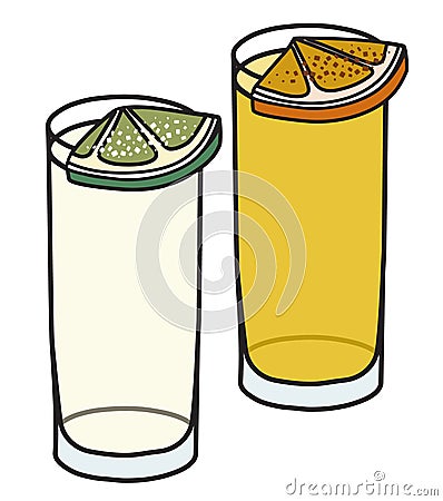 Silver and gold tequila garnished with slice of lime and salt, opange and cinnamon. Stylish hand-drawn doodle cartoon Vector Illustration