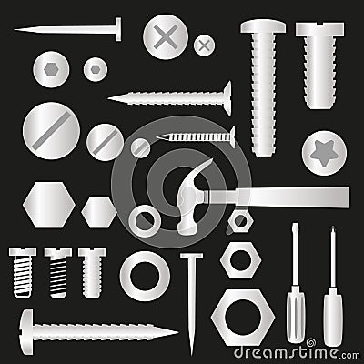 Silver hardware screws and nails with tools symbols eps10 Vector Illustration