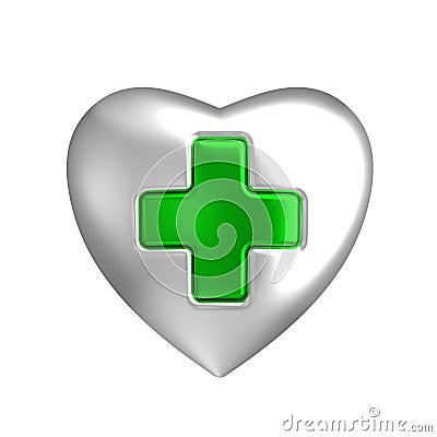 Silver heart with medical green cross sign Stock Photo