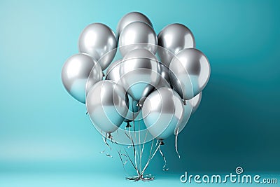 Silver helium balloons in a bundle on a blue background Stock Photo