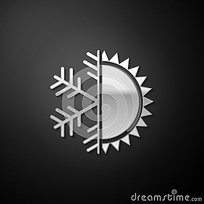 Silver Hot and cold symbol. Sun and snowflake icon isolated on black background. Winter and summer symbol. Long shadow Vector Illustration