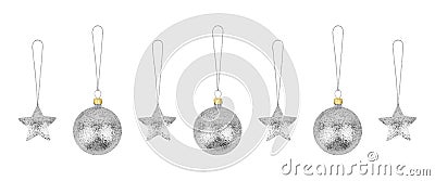 Silver Ð¡hristmas tree decorations set white background isolated closeup, glass balls & metal stars hanging on thread collection Stock Photo