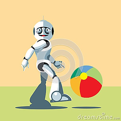 Silver humanoid robot playing with a colorful ball Vector Illustration