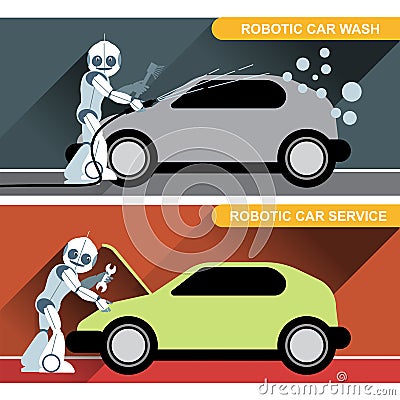 Silver humanoid robots fixing and washing cars Vector Illustration