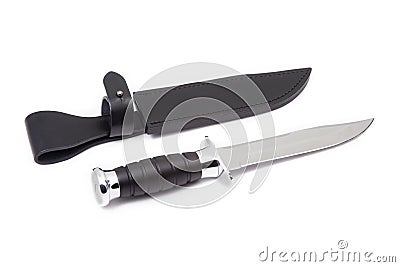 Silver hunting knife and sheath isolated white background Stock Photo