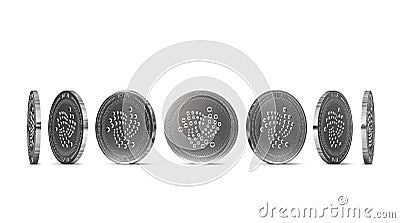 Silver IOTA coin shown from seven angles isolated on white background. Easy to cut out and use particular coin angle. Stock Photo