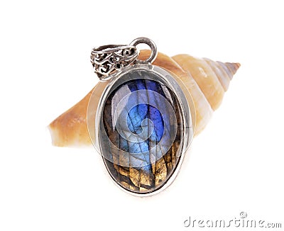 Silver jewelry pendant with a stone (mineral) Labradorite Stock Photo