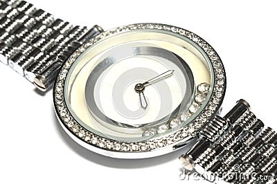 A silver ladies watch with a round watch face and no numbers Stock Photo