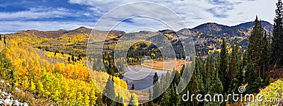 Silver Lake by Solitude and Brighton Ski resort in Big Cottonwood Canyon. Panoramic Views from the hiking and boardwalk trails of Stock Photo