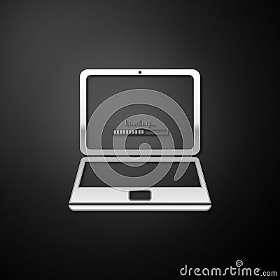 Silver Laptop update process with loading bar icon isolated on black background. System software update. Loading process Vector Illustration