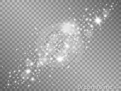 Silver lights on transparent background. Sparkling stardust with glowing stars. Magic light template with silver dust Vector Illustration