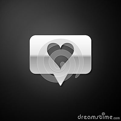 Silver Like and heart icon isolated on black background. Counter Notification Icon. Follower Insta. Long shadow style Vector Illustration