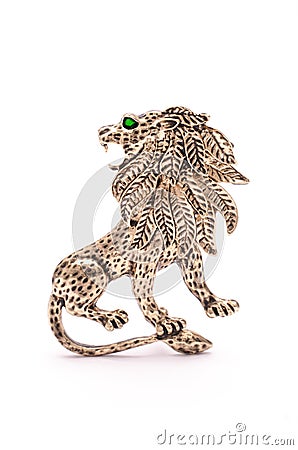 Silver lion brooch isolated on white Stock Photo