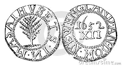 Silver Massachusetts XII Pence Coin, 1652 vintage illustration Vector Illustration