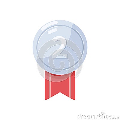 Silver medal award for second place. 2nd prize-winners reward. Number two 2 badge with ribbon. Realistic round shiny Vector Illustration