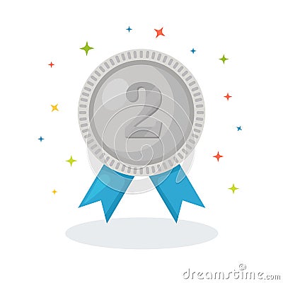 Silver medal with blue ribbon for second place. Trophy, winner award isolated on white background. Badge icon. Sport, business Vector Illustration