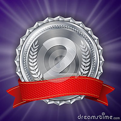 Silver Medal Vector. Round Championship Label. Ceremony Winner Honor Prize. Red Ribbon. Realistic Illustration. Vector Illustration