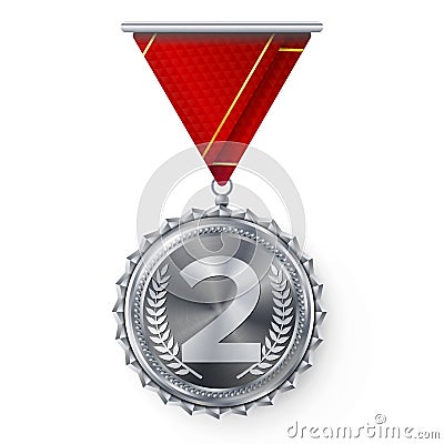 Silver Medal Vector. Round Championship Label. Competition Challenge Award. Red Ribbon. Isolated On White. Realistic Vector Illustration