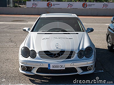 Silver Mercedes Benz CLK C209 luxury sports car parked at a exhibit Editorial Stock Photo