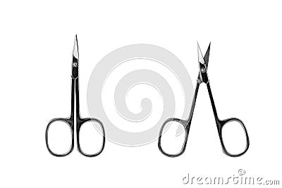 Silver metal closed and open scissors set on white background isolated closeup, steel cutting tool for manicure, cuticle, nails Stock Photo