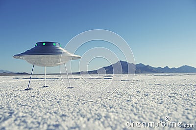 Silver Metal Flying Saucer UFO Harsh White Desert Planet Landscape Stock Photo