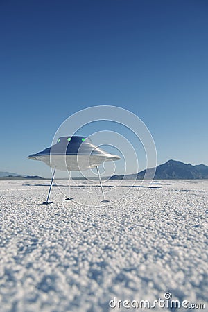 Silver Metal Flying Saucer UFO Harsh White Desert Planet Landscape Stock Photo