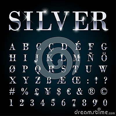 Silver metal font set letters, numbers, currency symbols. Vector Illustration