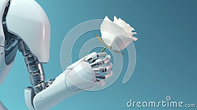 Silver metal robot arm reaches out to flower. Isolated in front of blue background. Conceptual photo on artificial Stock Photo