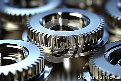 Silver metallic gear wheels in oil close up on industrial background with mechanical components Stock Photo