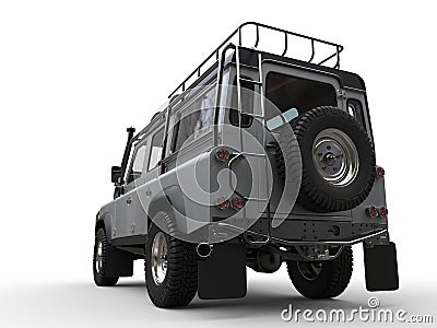 Silver metallic off road four wheel drive vehicle - back view Stock Photo