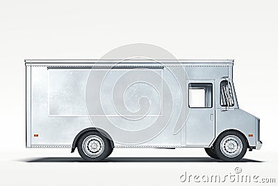 Silver metallic realistic food truck isolated on white. 3d rendering. Stock Photo