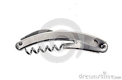 Silver metallic wine corkscrew bottle opener on white background Stock Photo